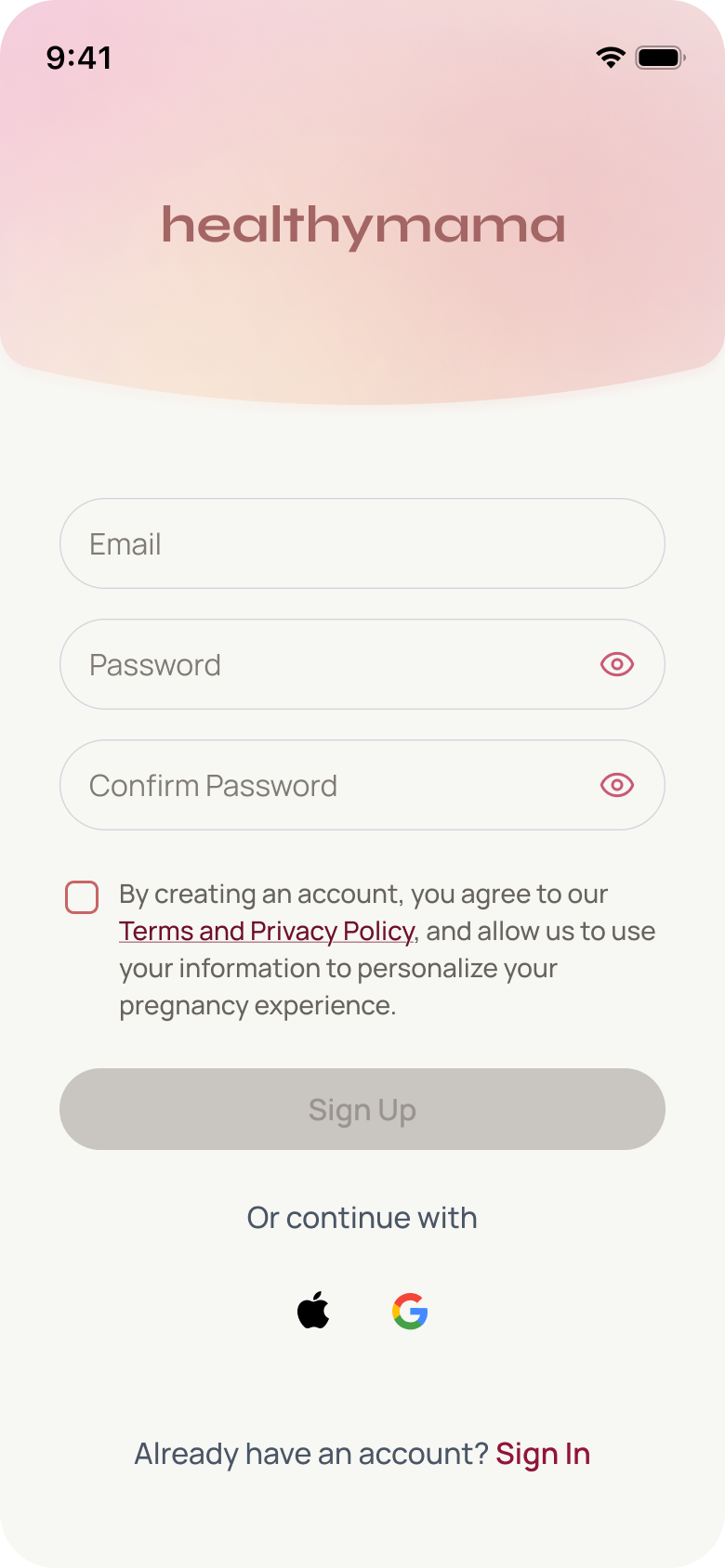 HealthyMama app sign-up screen