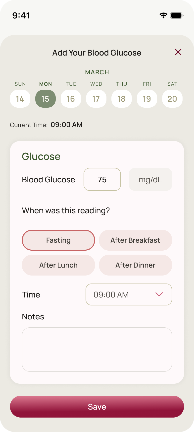 Logging a blood glucose reading in the app